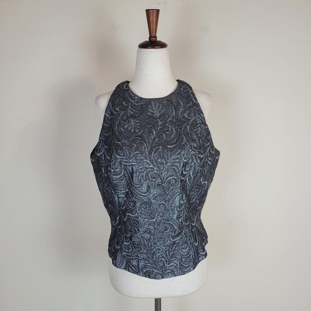 Carmen Marc Valvo Top 12 Gray Silver‎ Pewter Metallic Floral Jacquard Party